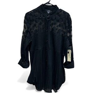 NWT ALI MILES Black Sheer Textured Button-Up Blouse Tunic Polka Dot Size:Large